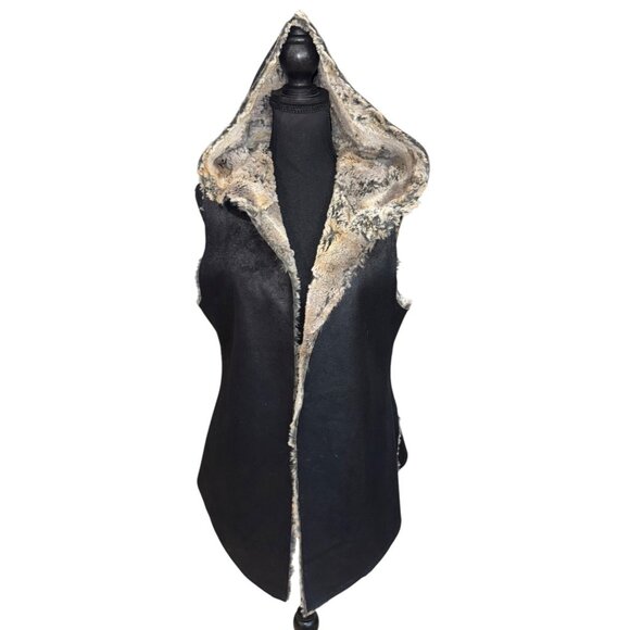 Dylan Luxury Faux Fur Hooded Vest L Black Soft Western Cowgirl Glam Boho Retro - Picture 1 of 9